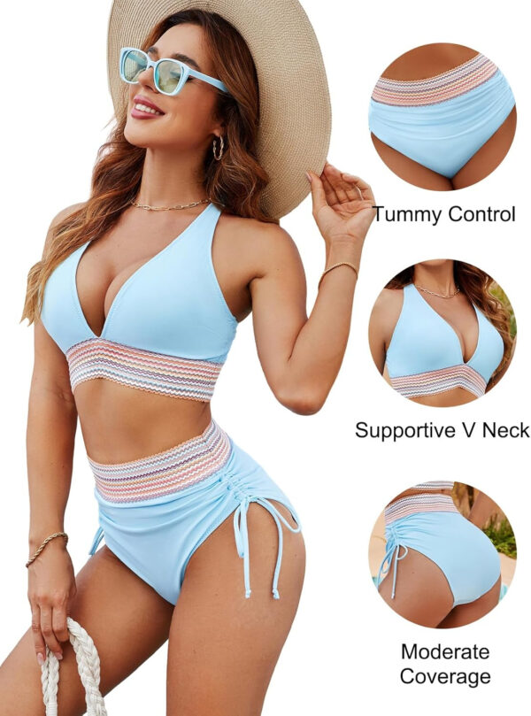 Blooming Jelly Women High Waisted Bikini Sets Tummy Control Swimsuits Color Block Two Piece Drawstring Bathing Suit - Image 5