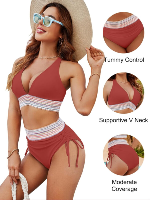 Blooming Jelly Women High Waisted Bikini Sets Tummy Control Swimsuits Color Block Two Piece Drawstring Bathing Suit - Image 59