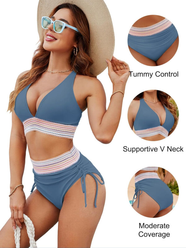 Blooming Jelly Women High Waisted Bikini Sets Tummy Control Swimsuits Color Block Two Piece Drawstring Bathing Suit - Image 87