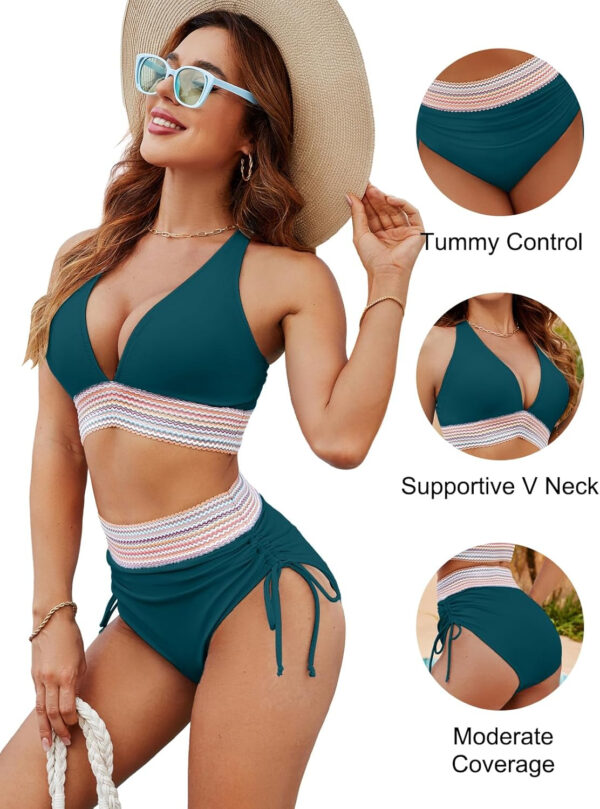 Blooming Jelly Women High Waisted Bikini Sets Tummy Control Swimsuits Color Block Two Piece Drawstring Bathing Suit - Image 147