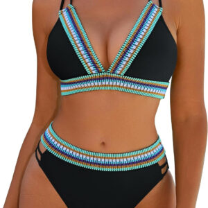 Blooming Jelly Womens High Waisted Bikini Sets Color Block Two Piece Swimsuit V Neck Crisscross Back Bathing Suit