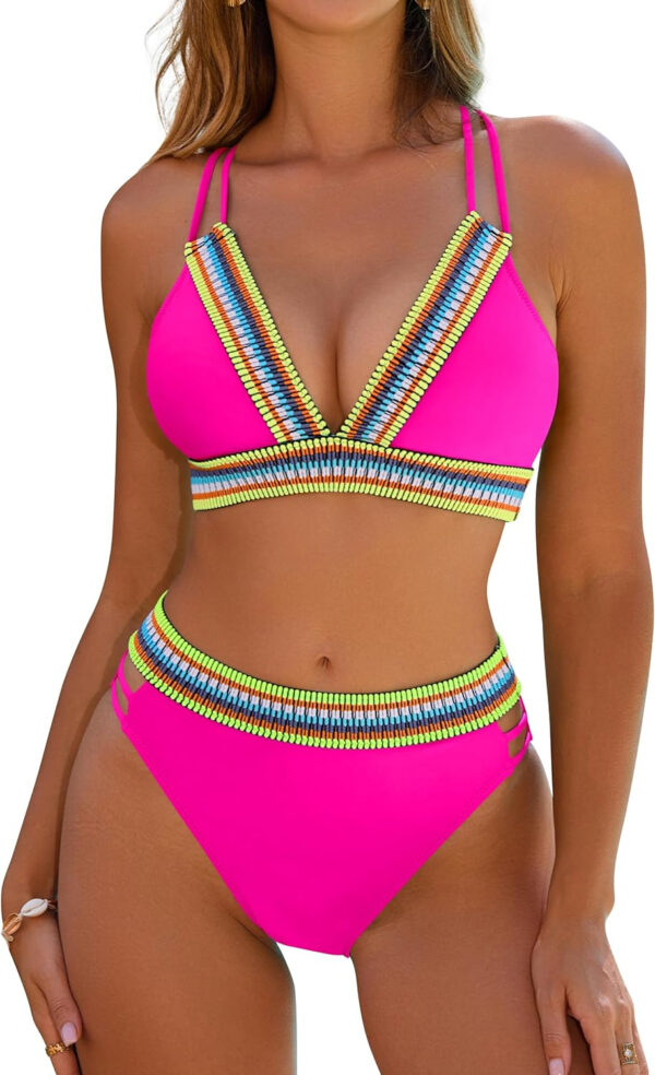Blooming Jelly Womens High Waisted Bikini Sets Color Block Two Piece Swimsuit V Neck Crisscross Back Bathing Suit - Image 7