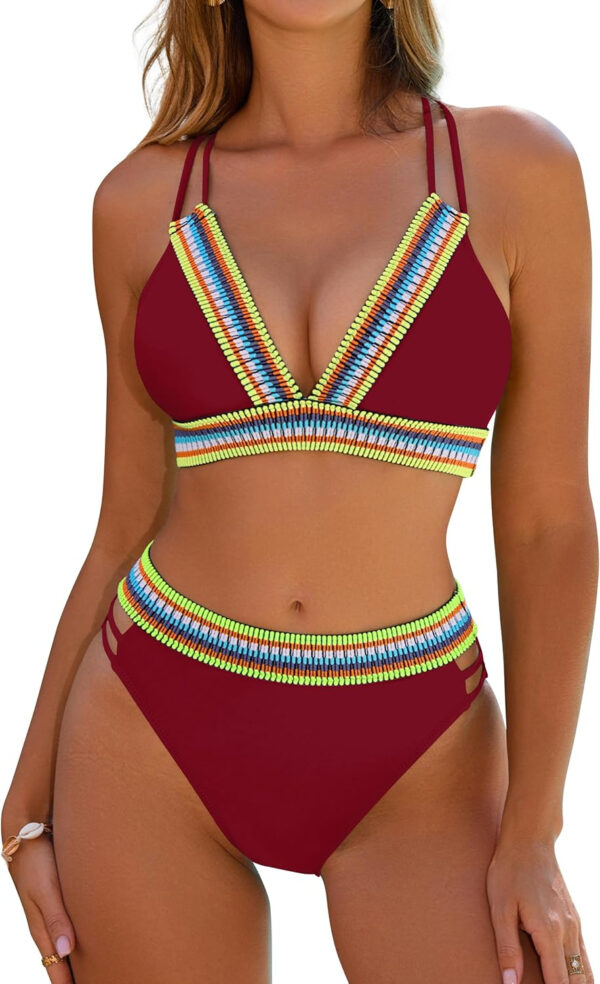 Blooming Jelly Womens High Waisted Bikini Sets Color Block Two Piece Swimsuit V Neck Crisscross Back Bathing Suit - Image 12