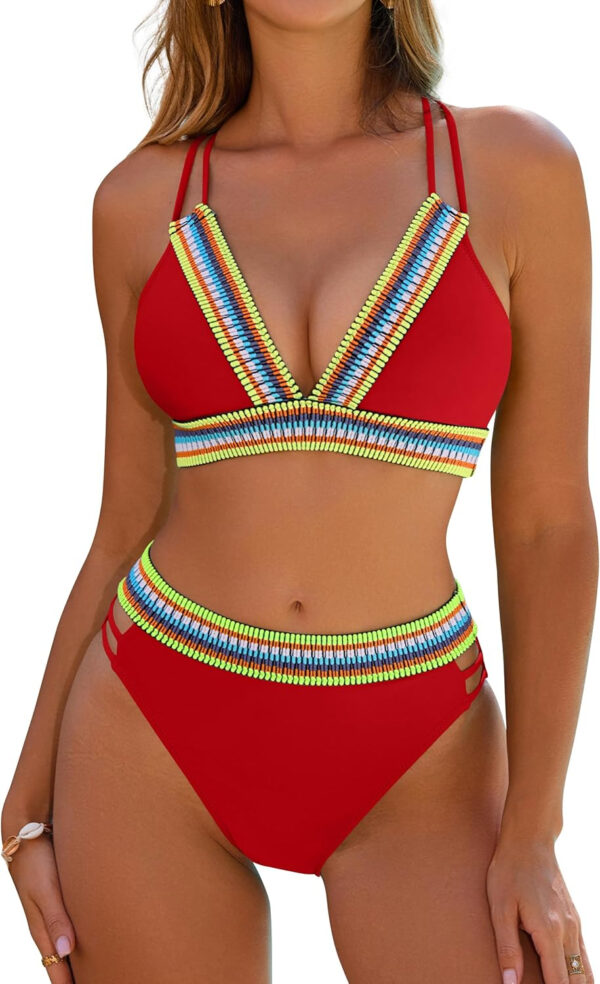 Blooming Jelly Womens High Waisted Bikini Sets Color Block Two Piece Swimsuit V Neck Crisscross Back Bathing Suit - Image 22
