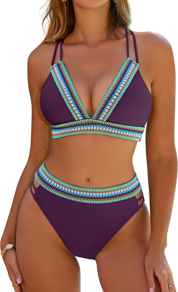 Blooming Jelly Womens High Waisted Bikini Sets Color Block Two Piece Swimsuit V Neck Crisscross Back Bathing Suit - Image 32