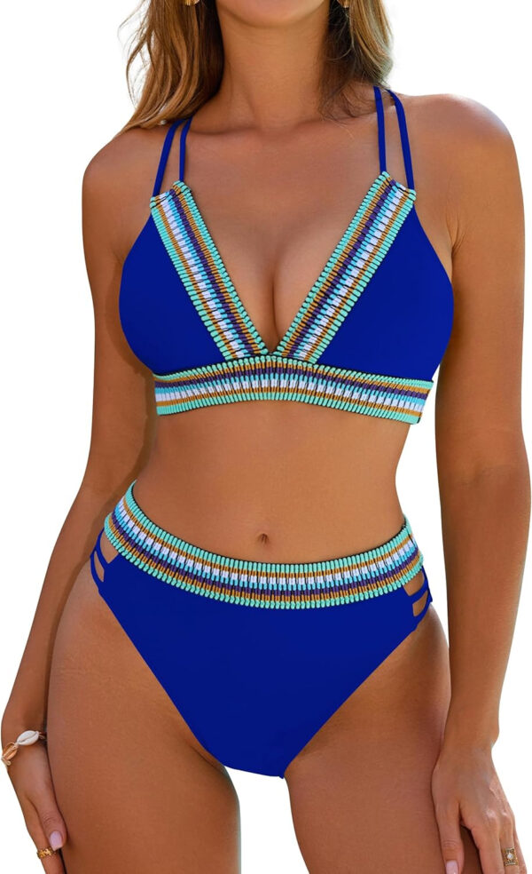 Blooming Jelly Womens High Waisted Bikini Sets Color Block Two Piece Swimsuit V Neck Crisscross Back Bathing Suit - Image 42