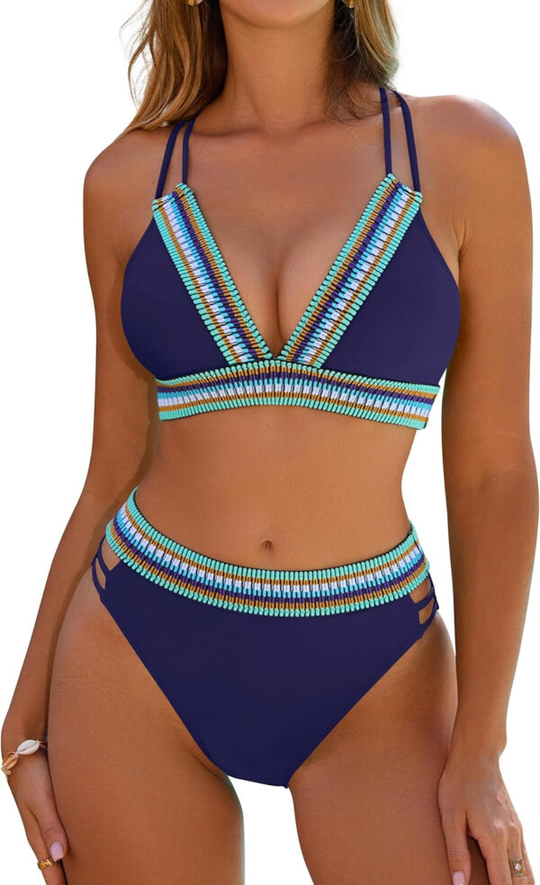 Blooming Jelly Womens High Waisted Bikini Sets Color Block Two Piece Swimsuit V Neck Crisscross Back Bathing Suit - Image 47