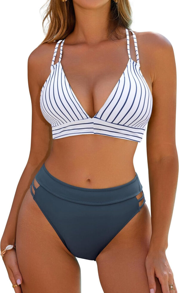 Blooming Jelly Womens High Waisted Bikini Sets Color Block Two Piece Swimsuit V Neck Crisscross Back Bathing Suit - Image 52