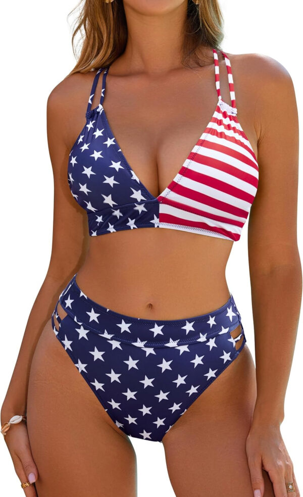 Blooming Jelly Womens High Waisted Bikini Sets Color Block Two Piece Swimsuit V Neck Crisscross Back Bathing Suit - Image 62