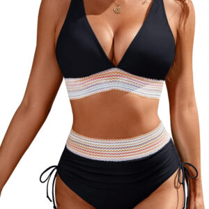 Blooming Jelly Womens High Waisted Bikini Sets Color Block Tummy Control Swimsuits Drawstring Two Piece Bathing Suit