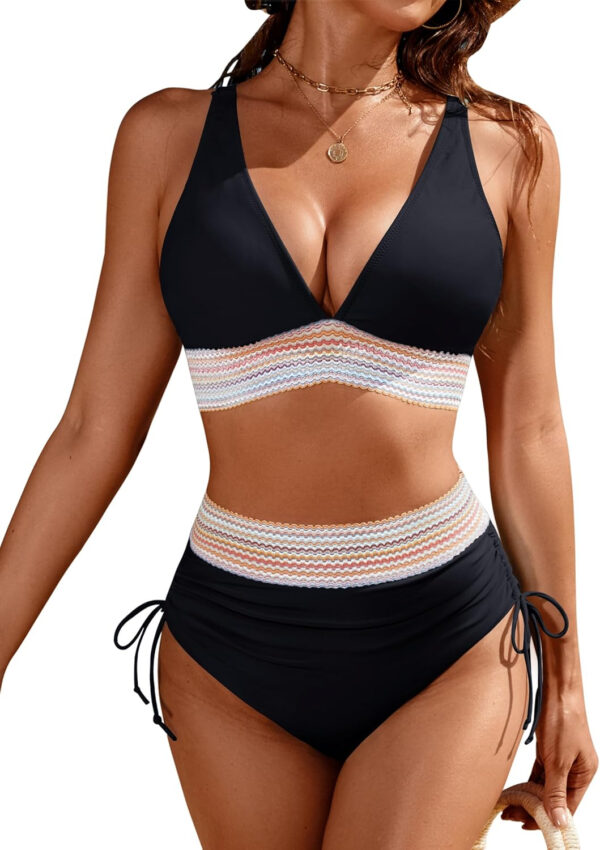 Blooming Jelly Womens High Waisted Bikini Sets Color Block Tummy Control Swimsuits Drawstring Two Piece Bathing Suit