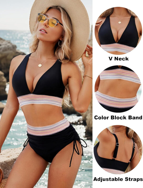 Blooming Jelly Womens High Waisted Bikini Sets Color Block Tummy Control Swimsuits Drawstring Two Piece Bathing Suit - Image 4