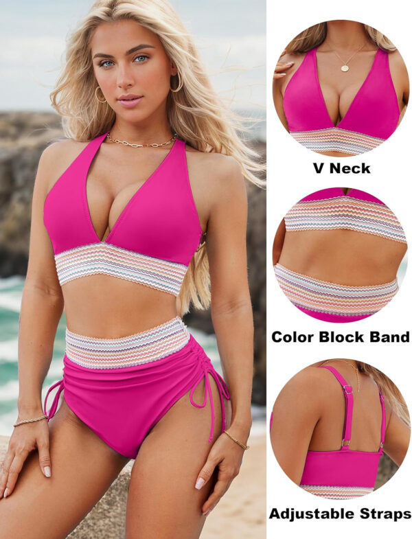 Blooming Jelly Womens High Waisted Bikini Sets Color Block Tummy Control Swimsuits Drawstring Two Piece Bathing Suit - Image 15