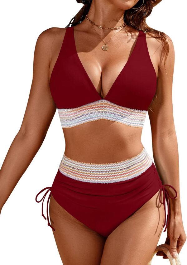Blooming Jelly Womens High Waisted Bikini Sets Color Block Tummy Control Swimsuits Drawstring Two Piece Bathing Suit - Image 38