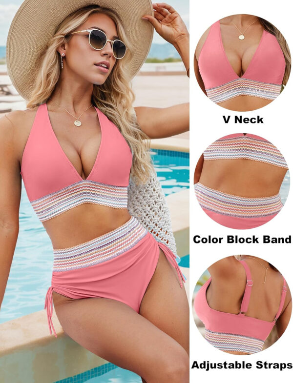 Blooming Jelly Womens High Waisted Bikini Sets Color Block Tummy Control Swimsuits Drawstring Two Piece Bathing Suit - Image 51