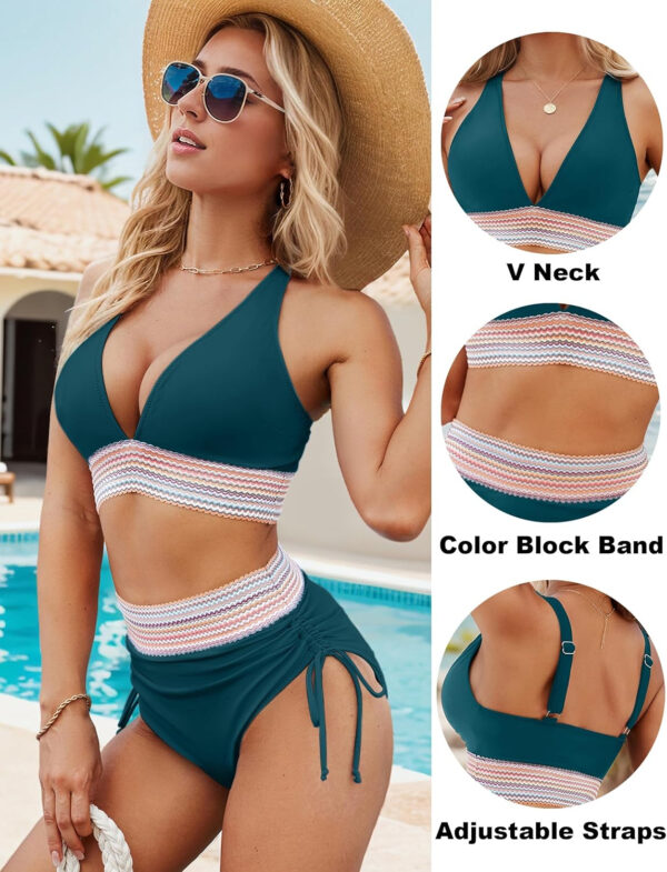 Blooming Jelly Womens High Waisted Bikini Sets Color Block Tummy Control Swimsuits Drawstring Two Piece Bathing Suit - Image 66